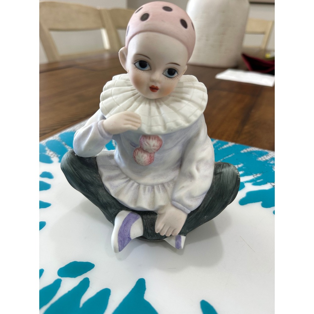 Mann Musical Clown Figurine Pierrot Harlequin Pink Polka Dot Japan Vintage Good